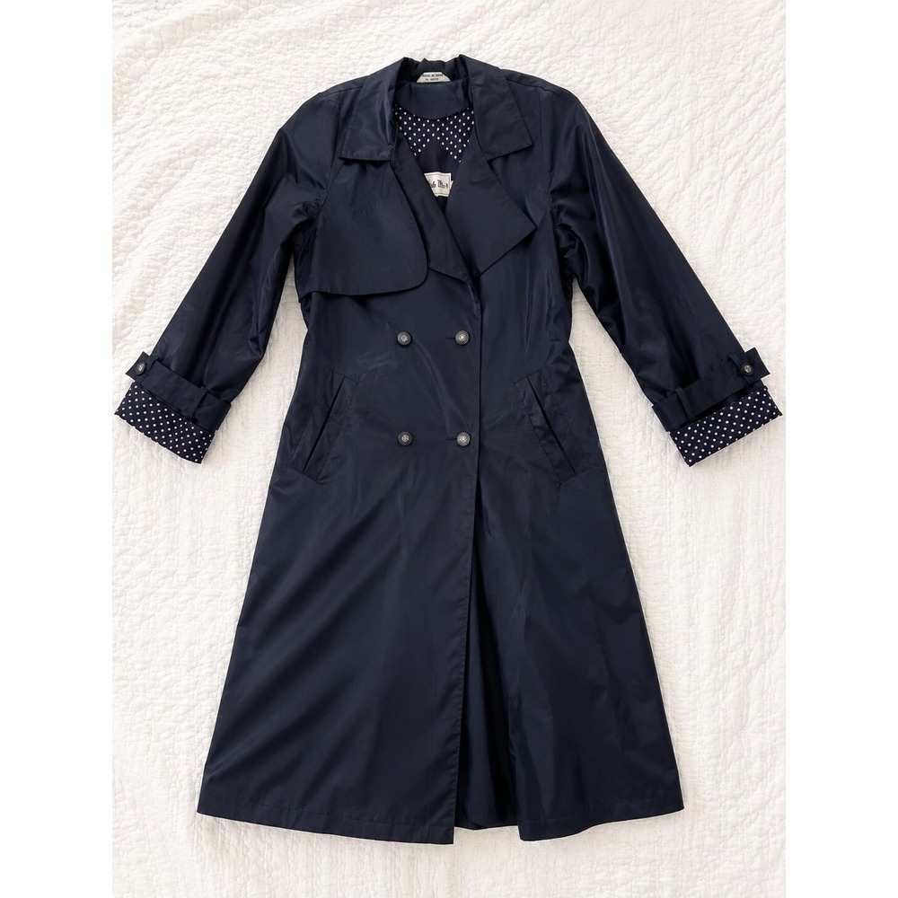British Mist Womens Trench Coat 12 Navy Double Breasted Polka Dot Lined